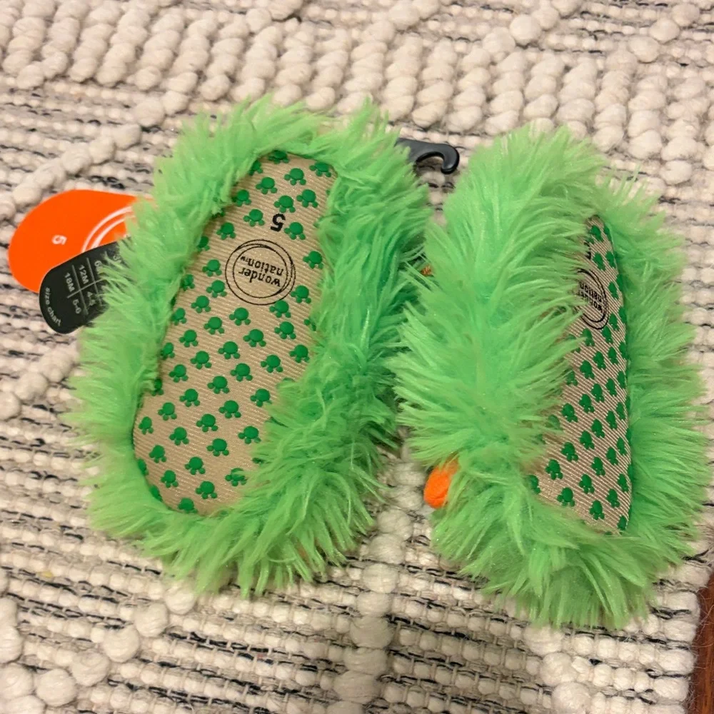 wonder nation Bright Green Fuzzy Slippers with Orange Accents